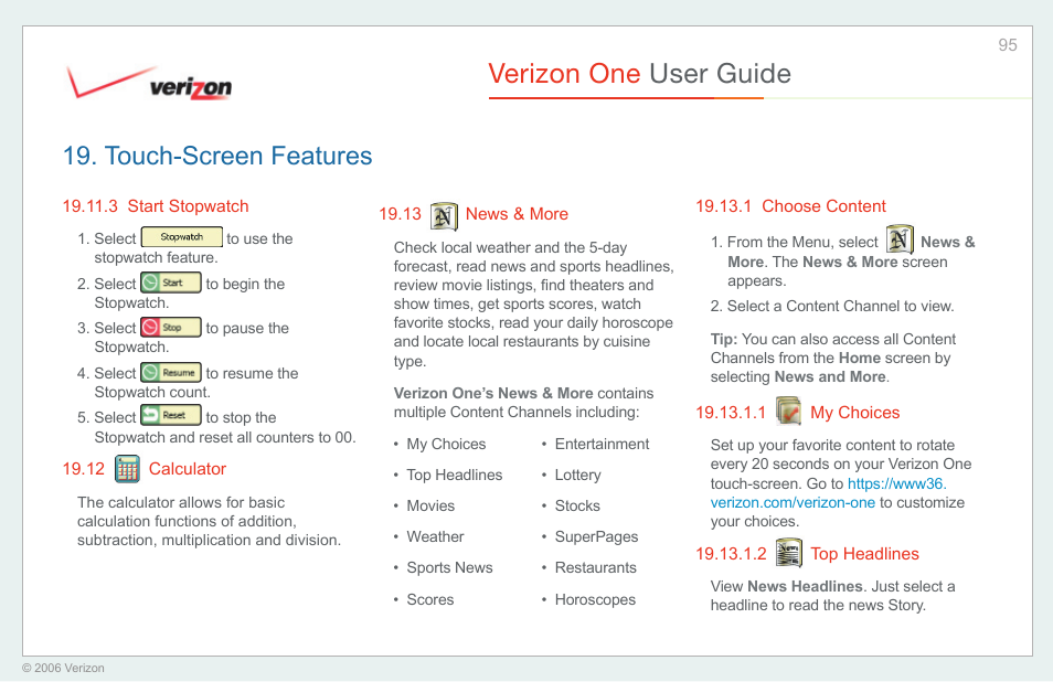 Start stopwatch, Calculator, News & more | Choose content, My choices, Top headlines, Verizon one user guide, Touch-screen features | Verizon One User Manual | Page 95 / 138