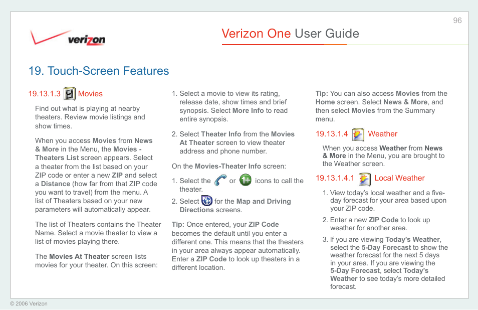 Movies, Weather, Local weather | Verizon one user guide, Touch-screen features | Verizon One User Manual | Page 96 / 138