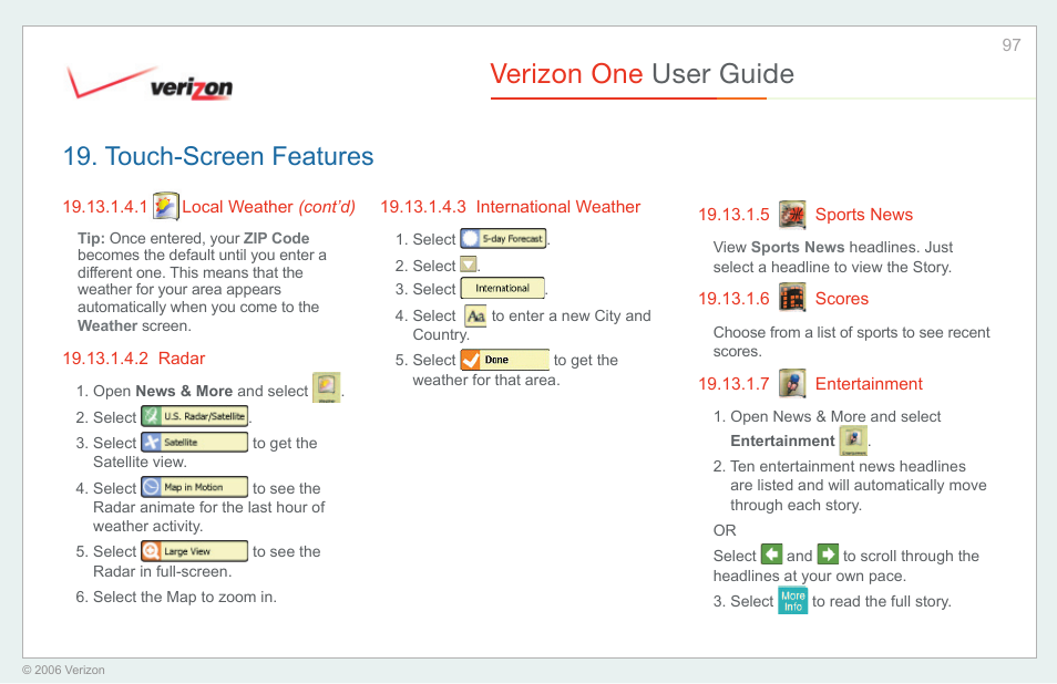 Radar, International weather, Sports news | Scores, Entertainment, Verizon one user guide, Touch-screen features | Verizon One User Manual | Page 97 / 138