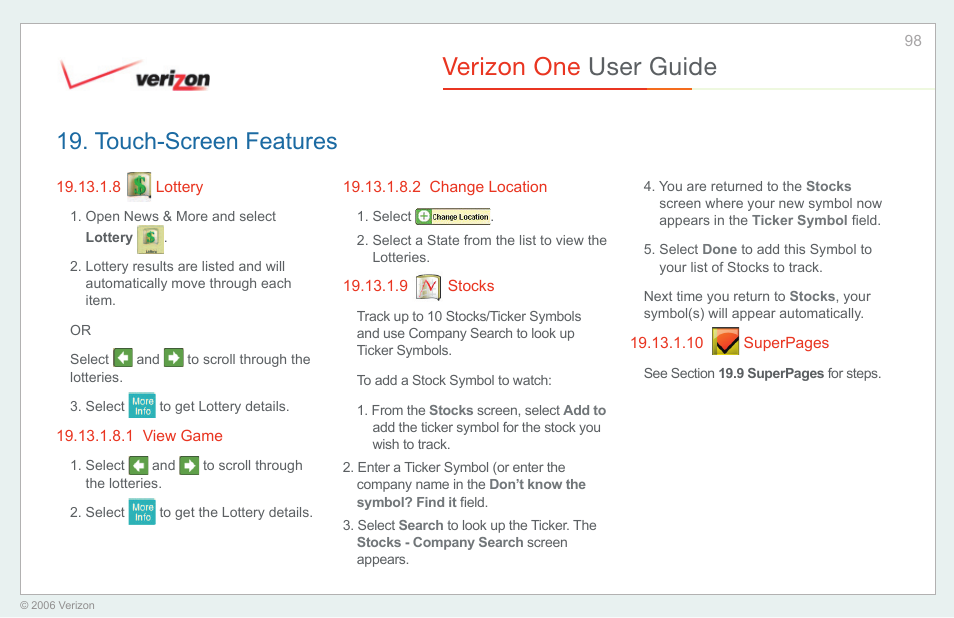 Lottery, View game, Change location | Stocks, Verizon one user guide, Touch-screen features | Verizon One User Manual | Page 98 / 138