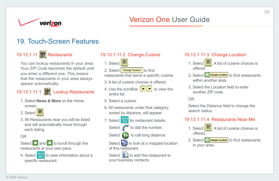 Restaurants, Lookup restaurants, Change cuisine | Change location, Restaurants near me, Verizon one user guide, Touch-screen features | Verizon One User Manual | Page 99 / 138