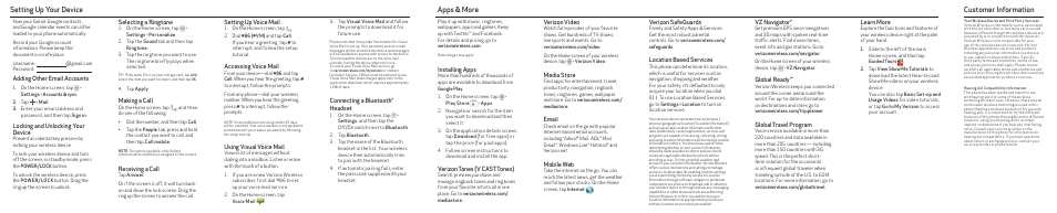 Adding other email accounts, Locking and unlocking your device, Connecting a bluetooth® headset | Learn more, Vz navigator, Global ready, Global travel program, Verizon safeguards, Location based services, Installing apps | Verizon QSG6410VW User Manual | Page 2 / 2