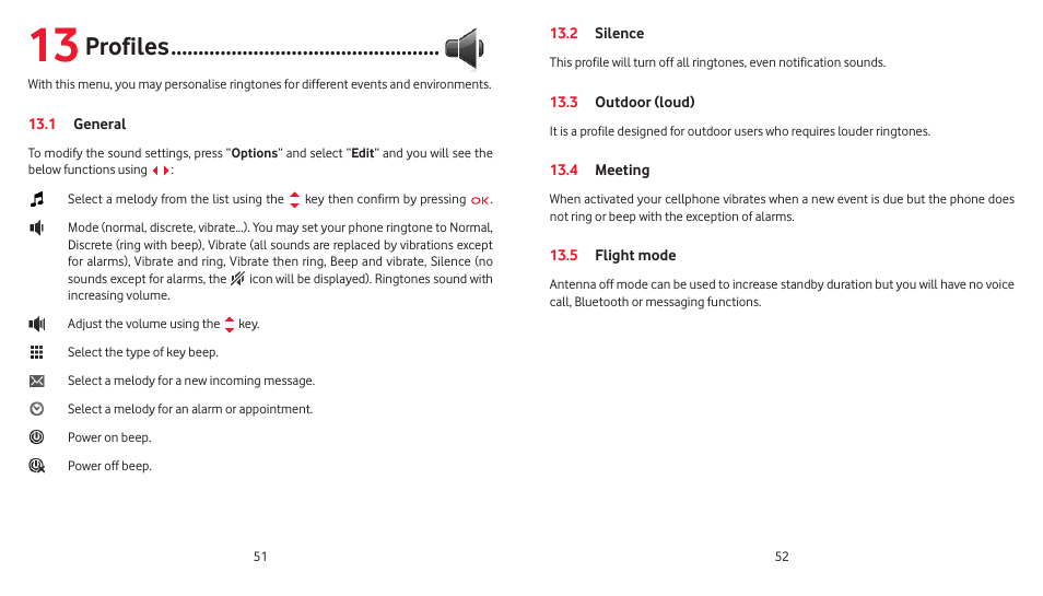 13 profiles, 1 general, 2 silence | 3 outdoor (loud), 4 meeting, 5 flight mode, Profiles | Vodafone 541 User Manual | Page 27 / 41