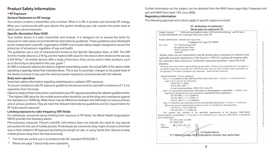 Product safety information | Vodafone 541 User Manual | Page 5 / 41