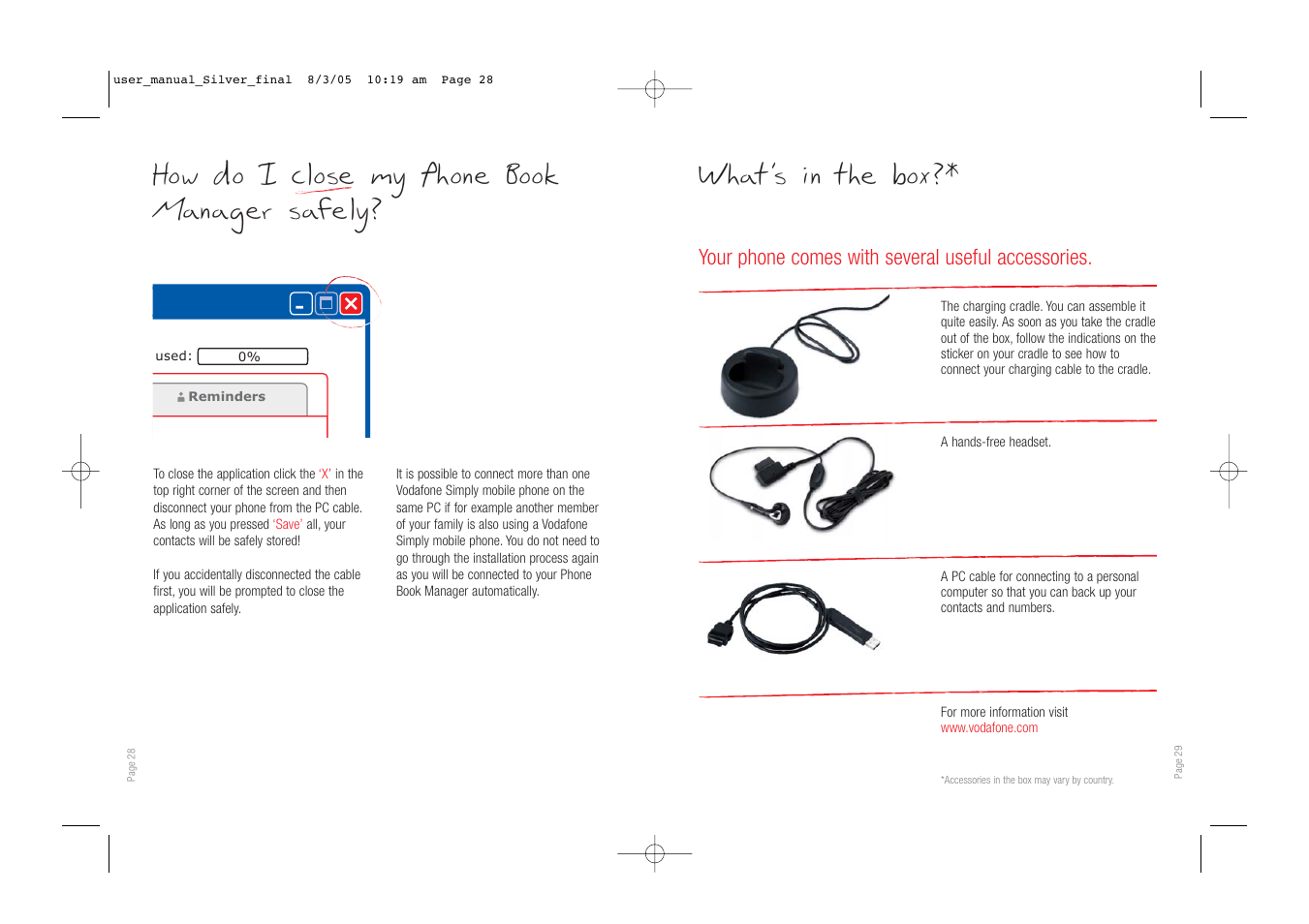 What’s in the box, How do i close my phone book manager safely | Vodafone SIMPLY VS1 User Manual | Page 16 / 22