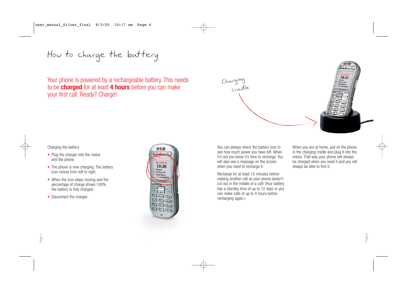 How to charge the bat tery, Charging cradle | Vodafone SIMPLY VS1 User Manual | Page 4 / 22