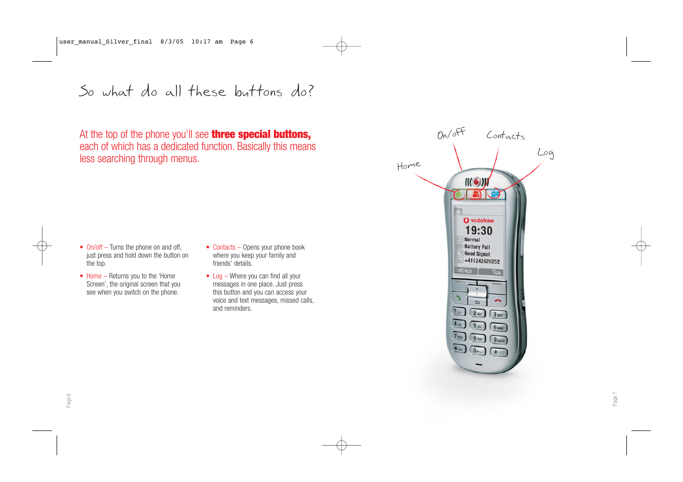So what do all these but tons do, Home on/off contacts log | Vodafone SIMPLY VS1 User Manual | Page 5 / 22