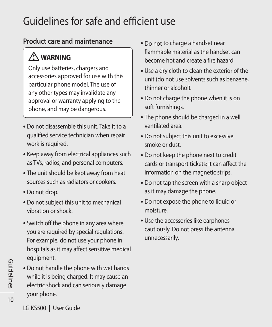 Guidelines for safe and efficient use | Vodafone LG KS500 User Manual | Page 12 / 74