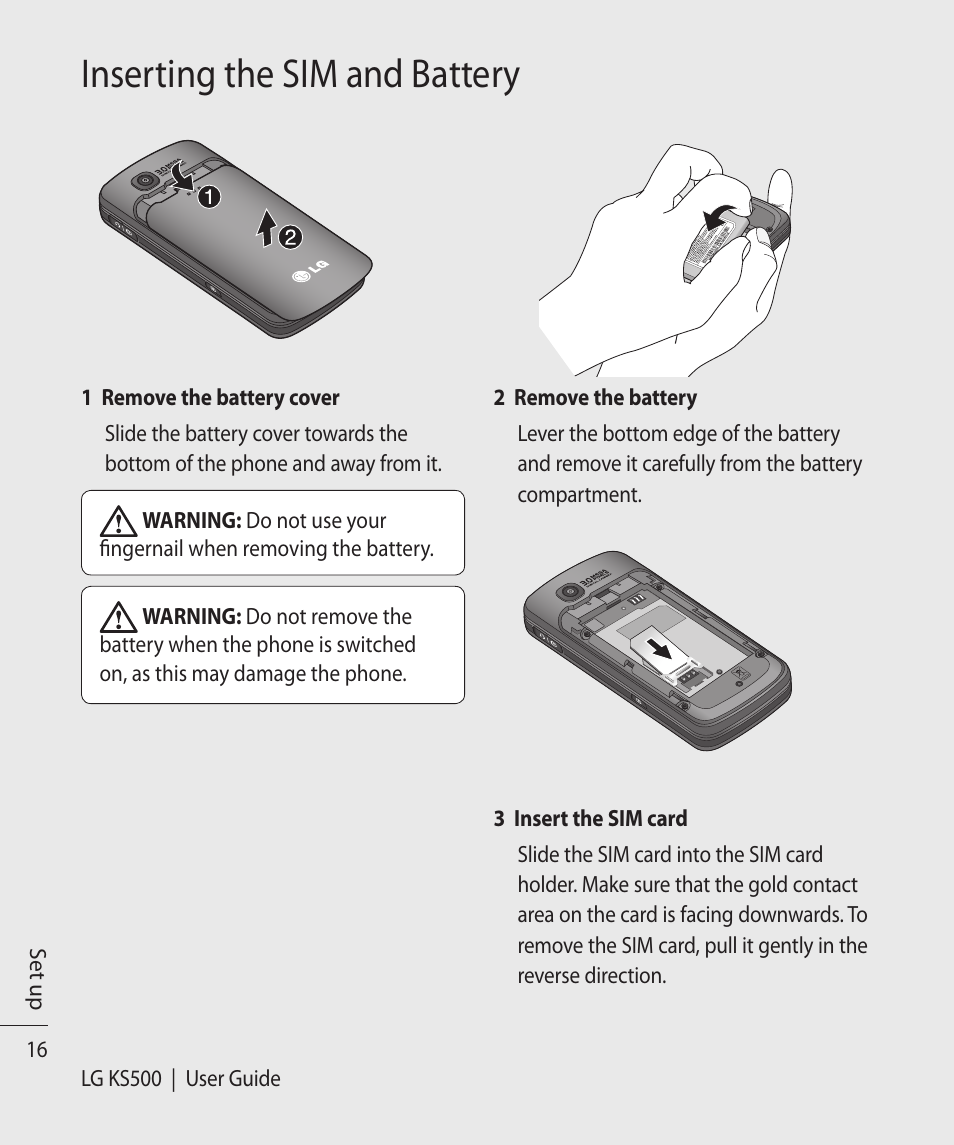 Inserting the sim and battery | Vodafone LG KS500 User Manual | Page 18 / 74