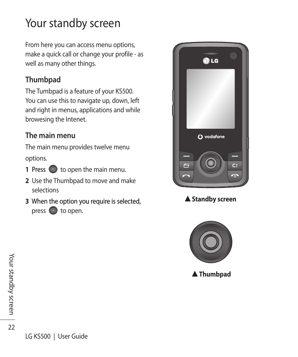 Your standby screen | Vodafone LG KS500 User Manual | Page 24 / 74