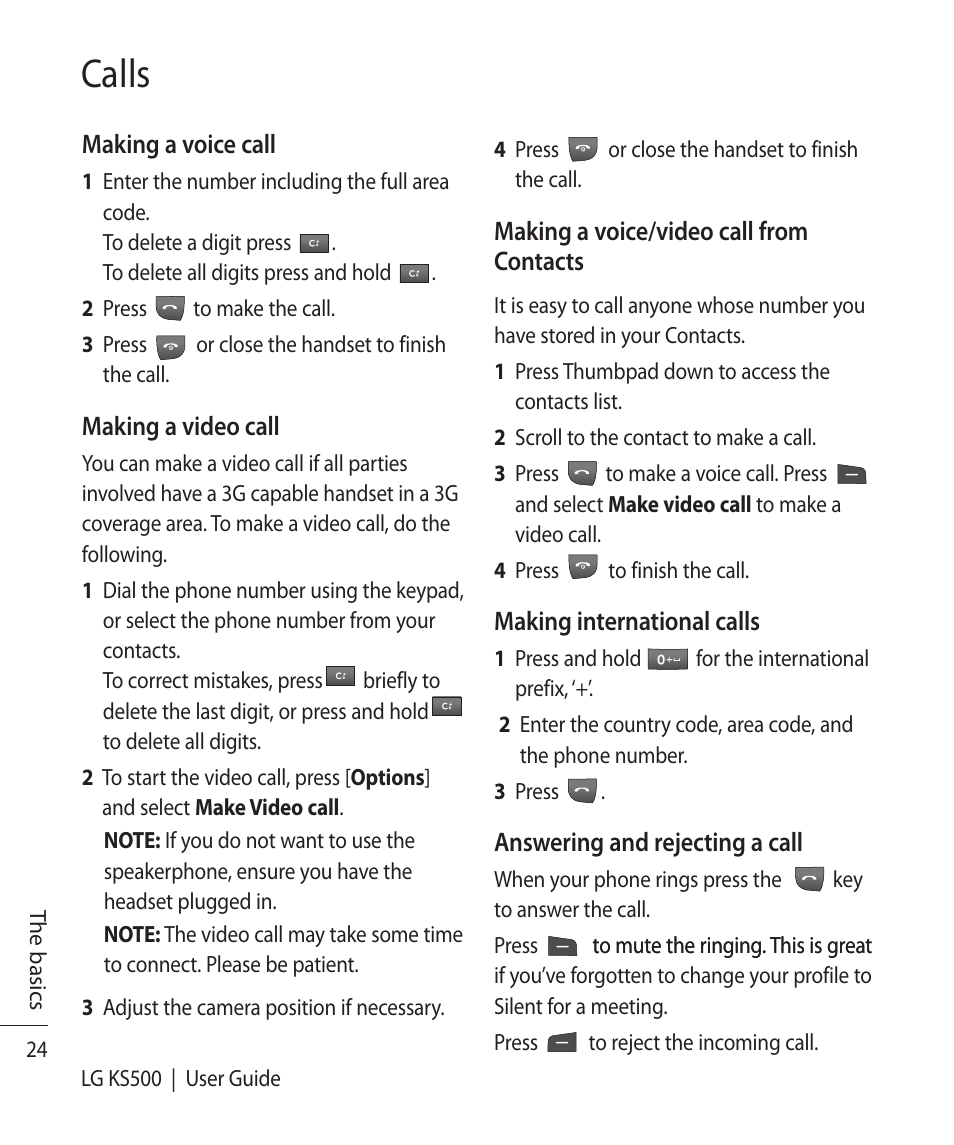 Calls | Vodafone LG KS500 User Manual | Page 26 / 74