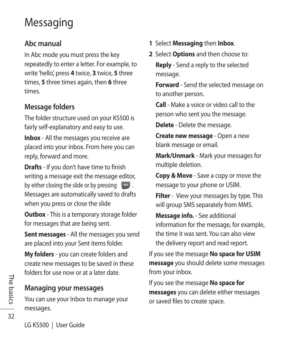 Messaging | Vodafone LG KS500 User Manual | Page 34 / 74