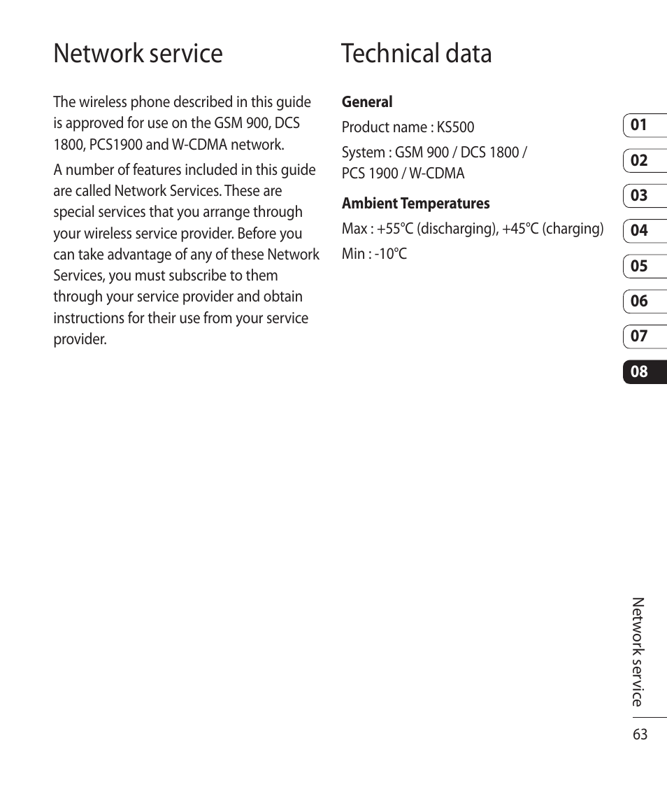 Network service technical data | Vodafone LG KS500 User Manual | Page 65 / 74