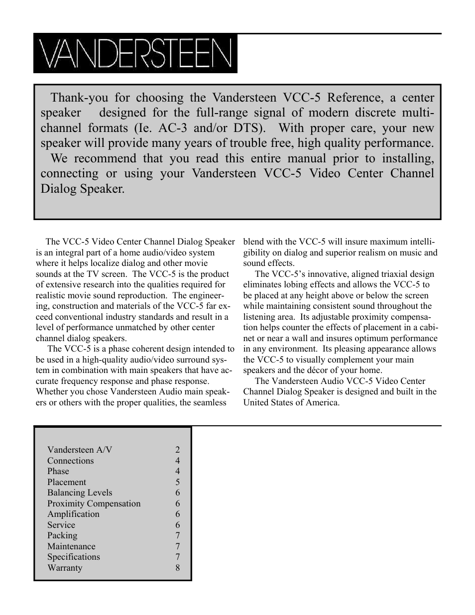 Vandersteen Audio VCC-5 User Manual | 8 pages
