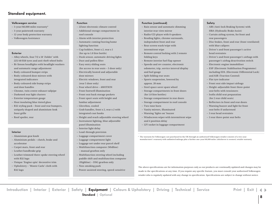 Standard, Standard equipment | Volkswagen R32 User Manual | Page 8 / 14