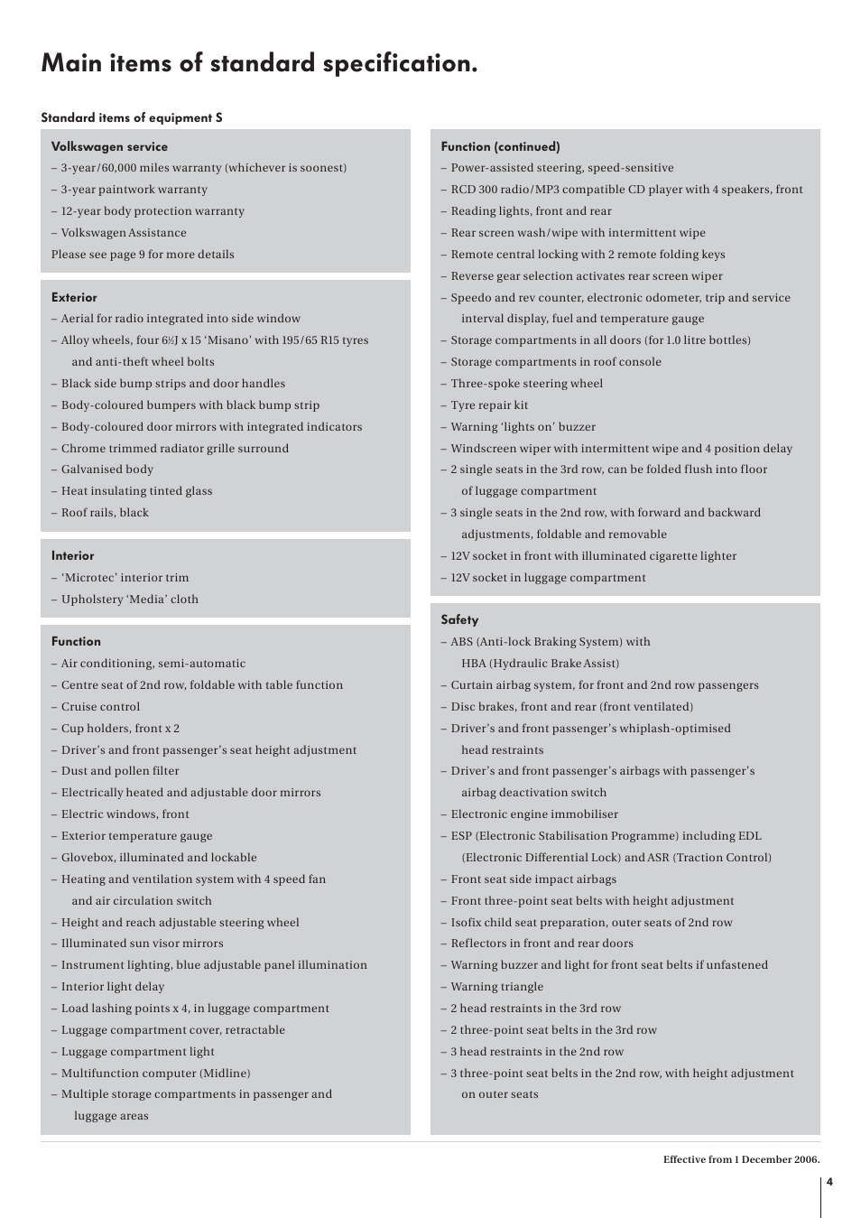 Main items of standard specification | Volkswagen The New Touran User Manual | Page 4 / 11