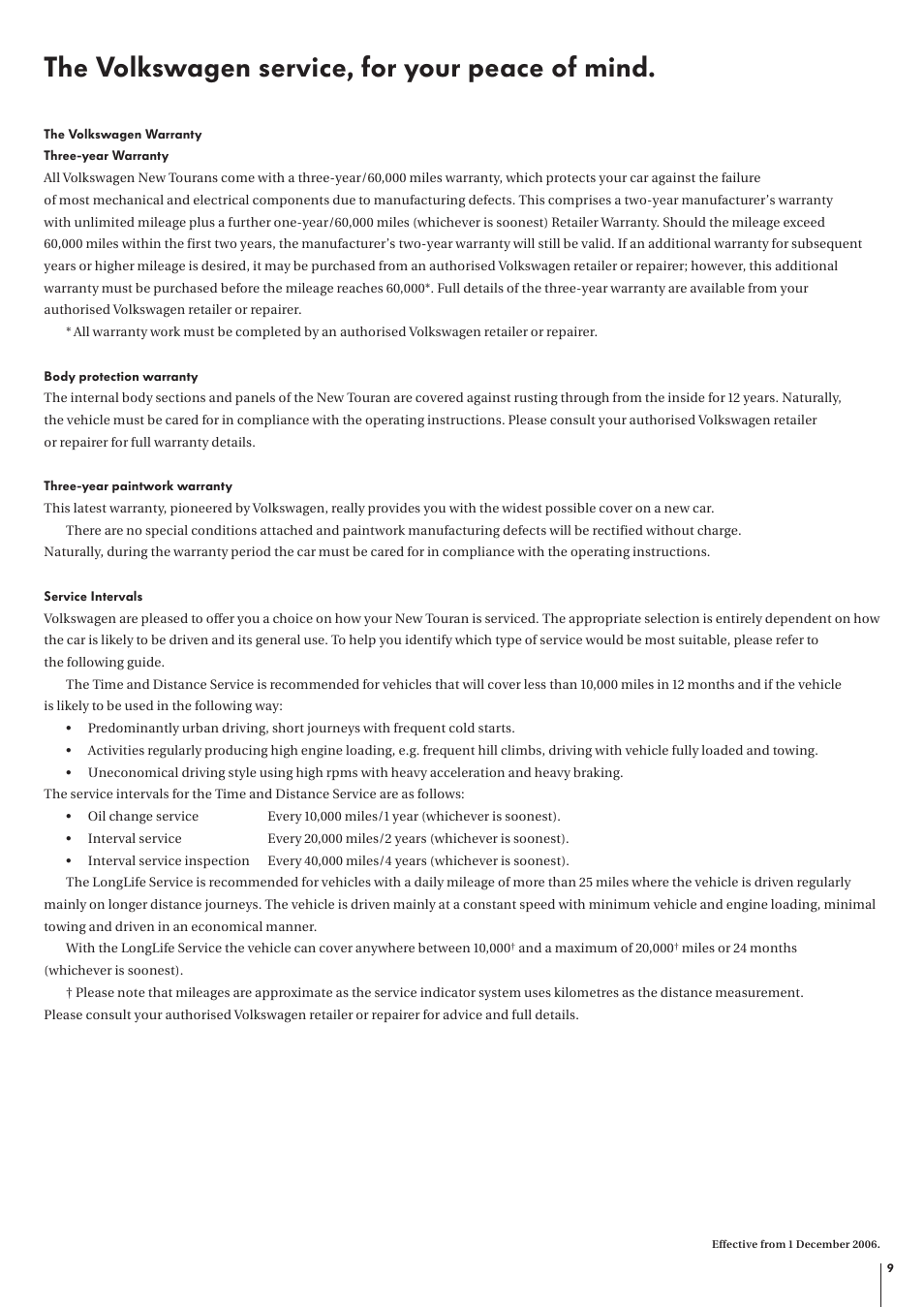 The volkswagen service, for your peace of mind | Volkswagen The New Touran User Manual | Page 9 / 11