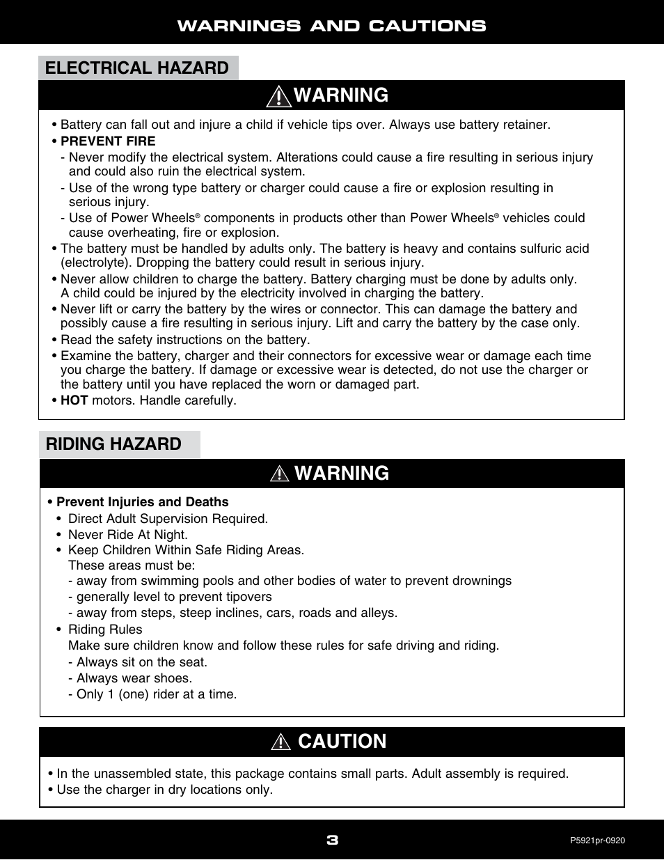 Warning, Warning caution, Electrical hazard riding hazard | Volkswagen NEW BEETLE P5921 User Manual | Page 3 / 20