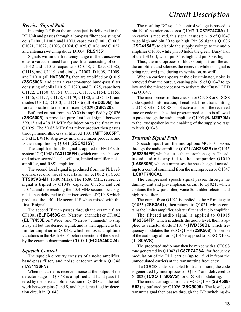 Circuit description, Receive signal path, Squelch control | Transmit signal path | Vertex Standard VX-410 User Manual | Page 13 / 41