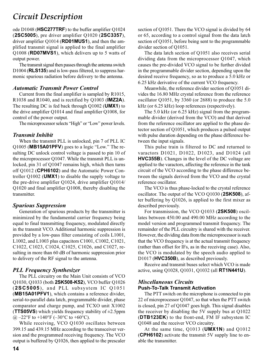 Automatic transmit power control, Transmit inhibit, Spurious suppression | Pll frequency synthesizer, Miscellaneous circuits, Circuit description | Vertex Standard VX-410 User Manual | Page 14 / 41