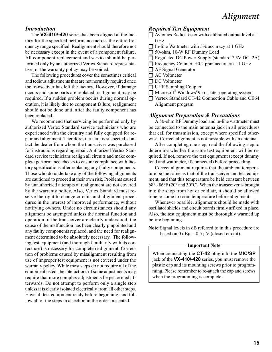 Alignment, Introduction, Required test equipment | Alignment preparation & precautions | Vertex Standard VX-410 User Manual | Page 15 / 41