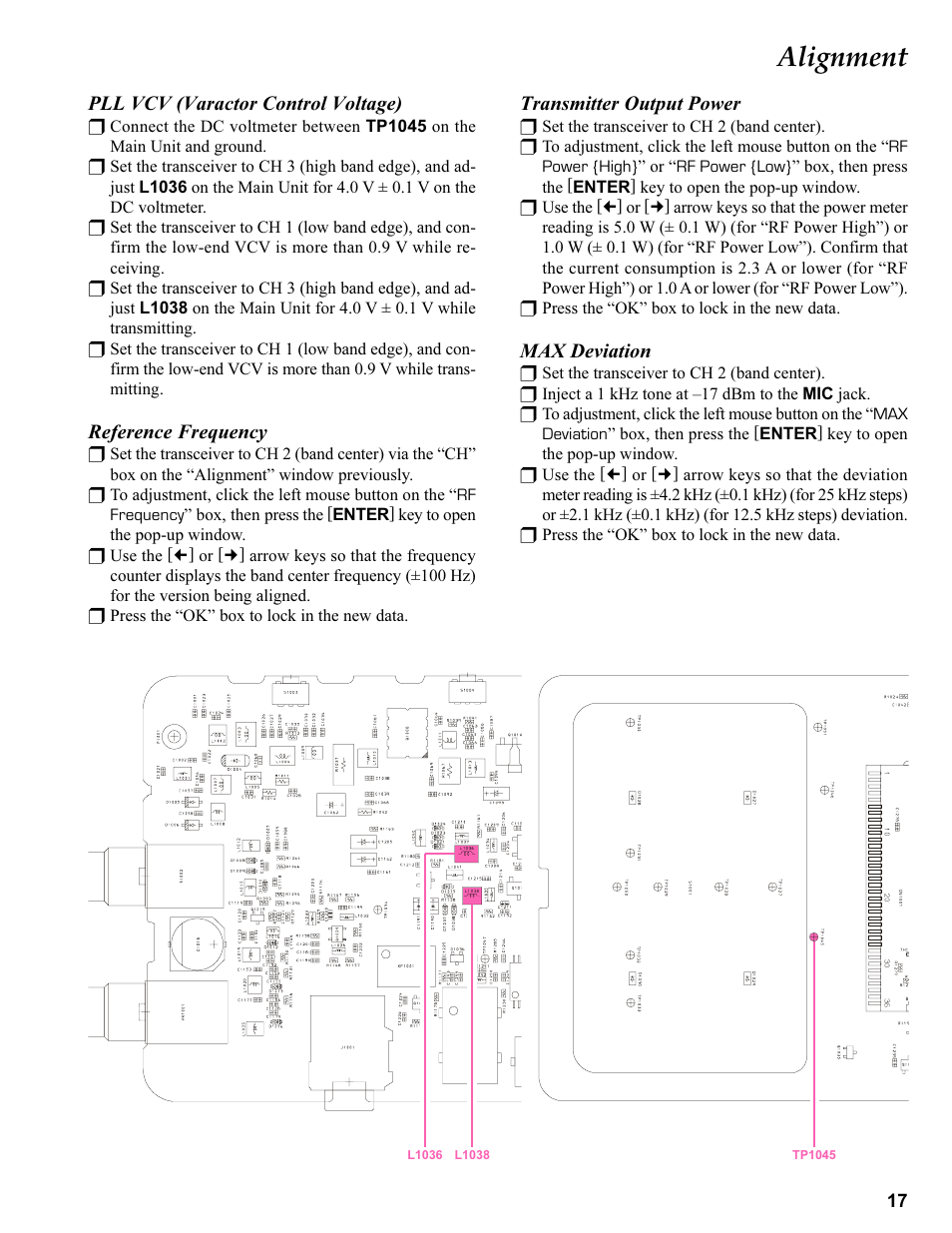 Pll vcv (varactor control voltage), Reference frequency, Transmitter output power | Max deviation, Alignment | Vertex Standard VX-410 User Manual | Page 17 / 41