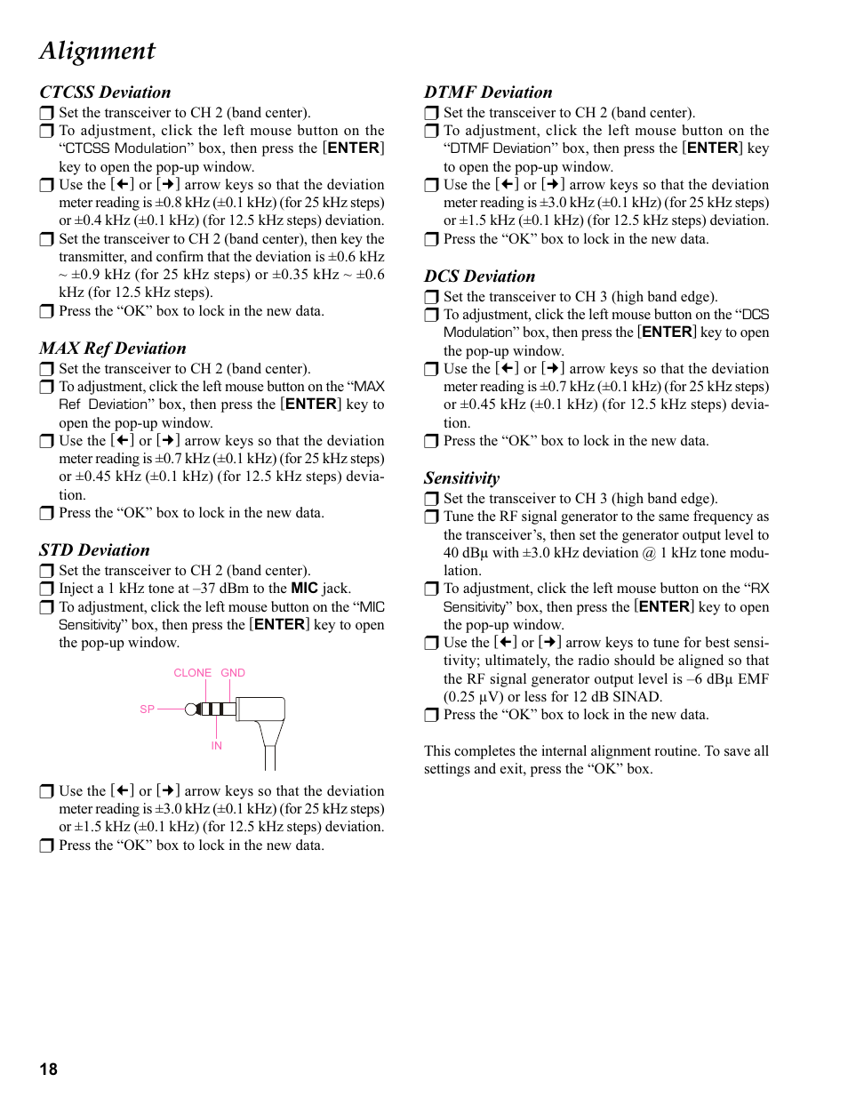Ctcss deviation, Max ref deviation, Std deviation | Dtmf deviation, Dcs deviation, Sensitivity, Alignment | Vertex Standard VX-410 User Manual | Page 18 / 41