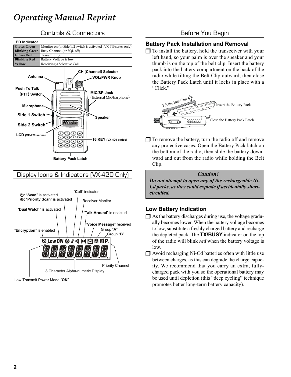 Operating manual reprint, Controls & connectors, Display icons & indicators (vx-420 only) | Before you begin, Controls & connectors before you begin, Battery pack installation and removal, Caution, Low battery indication | Vertex Standard VX-410 User Manual | Page 2 / 41