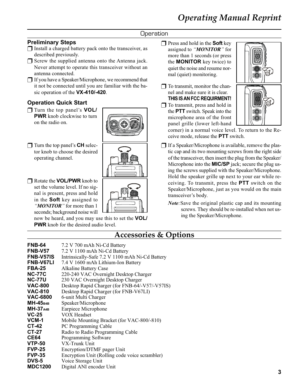 Operation, Accessories & options, Operating manual reprint | Vertex Standard VX-410 User Manual | Page 3 / 41