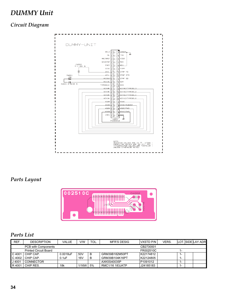 Dummy unit, Circuit diagram, Parts layout | Parts list, C 4xxx, J 4xxx, R 4xxx, Circuit diagram parts layout | Vertex Standard VX-410 User Manual | Page 34 / 41