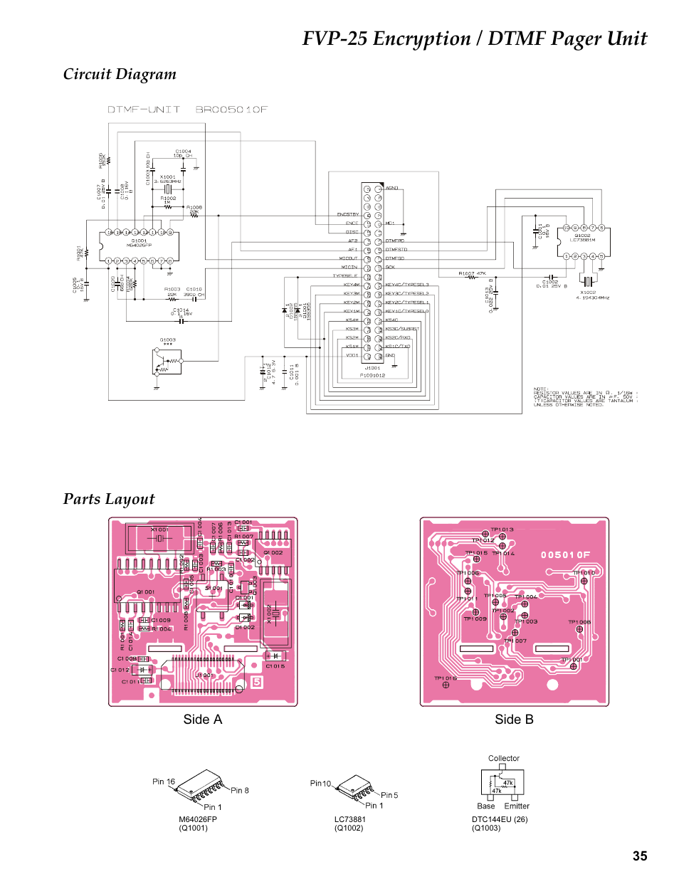 Circuit diagram, Parts layout, Side a | Side b, Fvp-25 encryption / dtmf pager unit, Circuit diagram parts layout | Vertex Standard VX-410 User Manual | Page 35 / 41