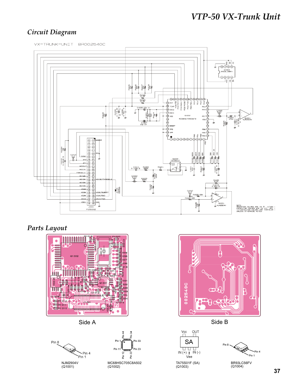 Vtp-50 vx-trunk unit, Circuit diagram, Parts layout | Side a, Side b, Circuit diagram parts layout | Vertex Standard VX-410 User Manual | Page 37 / 41