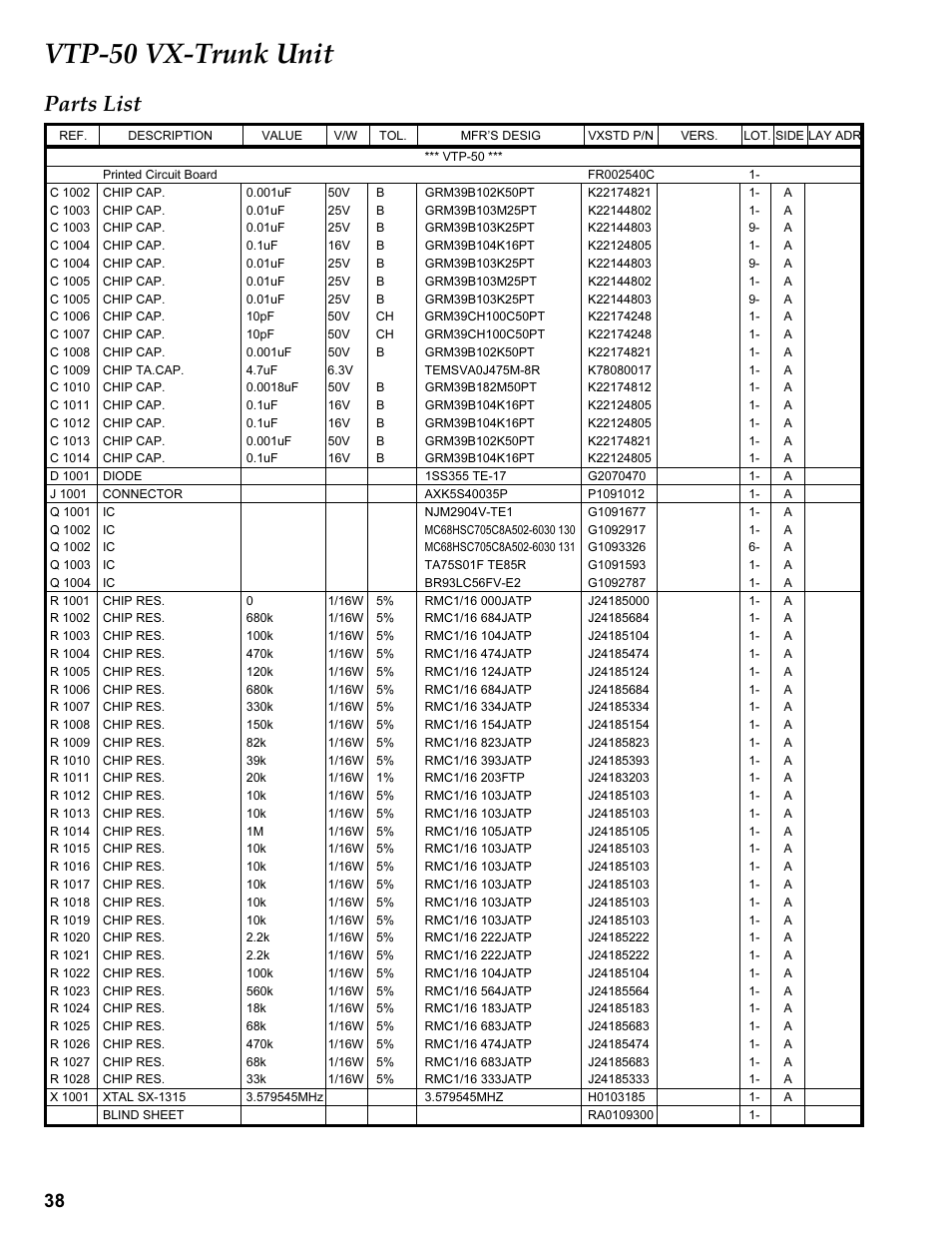 Parts list, C 1xxx, D 1xxx | J 1xxx, Q 1xxx, R 1xxx, X 1xxx, Vtp-50 vx-trunk unit | Vertex Standard VX-410 User Manual | Page 38 / 41