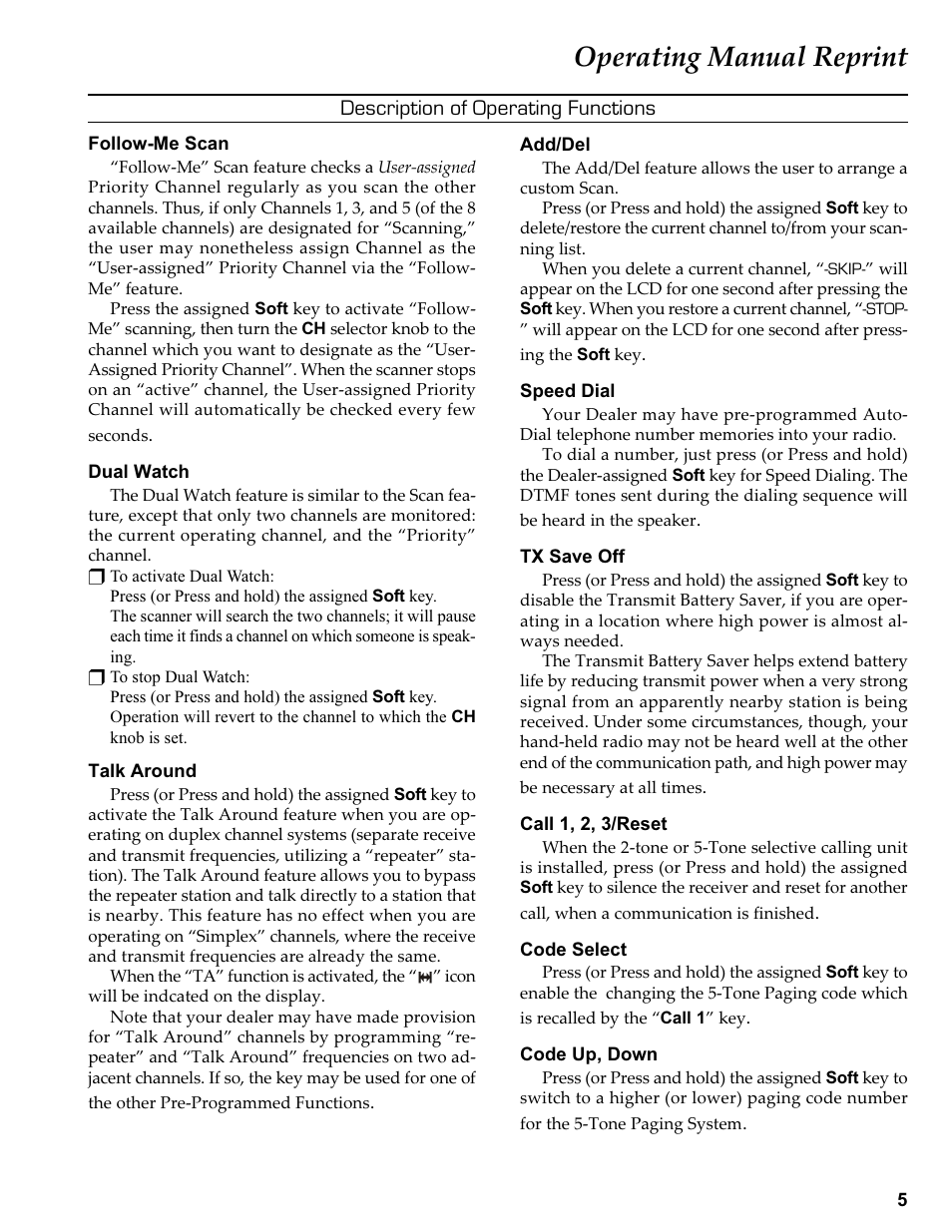 Operating manual reprint, Description of operating functions | Vertex Standard VX-410 User Manual | Page 5 / 41