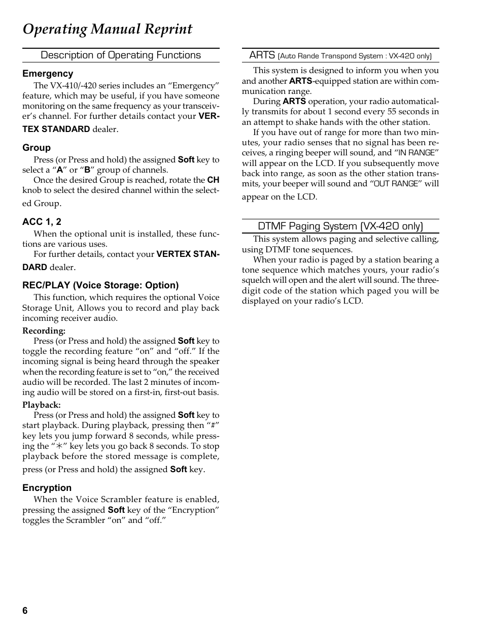 Arts (auto rande transpond system : vx-420 only), Dtmf paging system (vx-420 only), Operating manual reprint | Description of operating functions, Arts | Vertex Standard VX-410 User Manual | Page 6 / 41