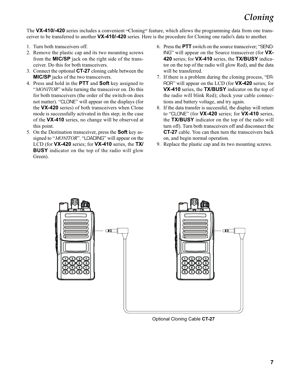 Cloning | Vertex Standard VX-410 User Manual | Page 7 / 41