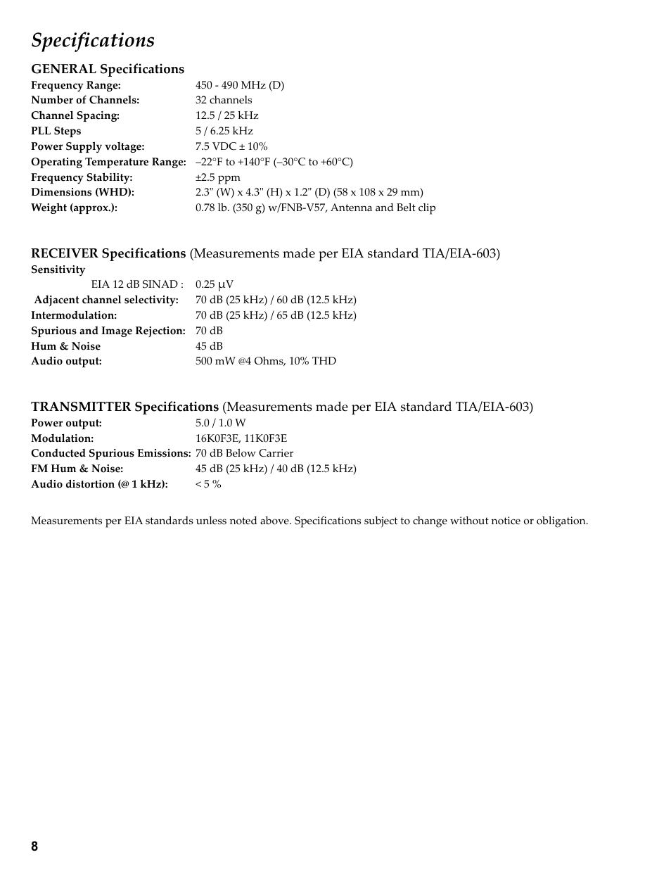 Specifications, General specifications, Receiver specifications | Transmitter specifications | Vertex Standard VX-410 User Manual | Page 8 / 41