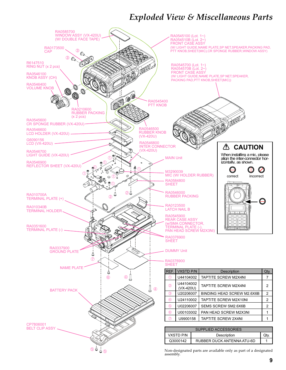 Exploded view & miscellaneous parts, Caution | Vertex Standard VX-410 User Manual | Page 9 / 41