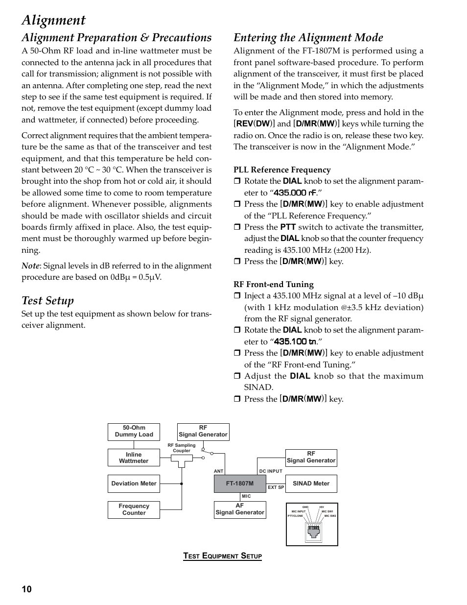 Alignment preparation & precautions, Test setup, Entering the alignment mode | Pll reference frequency, Rf front-end tuning, Alignment | Vertex Standard FT-1807M User Manual | Page 10 / 34