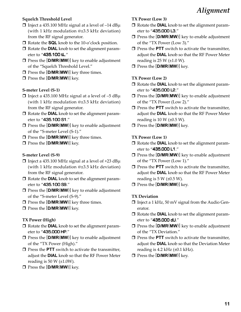 Squelch threshold level, S-meter level (s-1), S-meter level (s-9) | Tx power (high), Tx power (low 3), Tx power (low 2), Tx power (low 1), Tx deviation, Alignment | Vertex Standard FT-1807M User Manual | Page 11 / 34