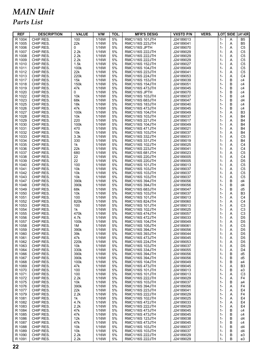 Main unit, Parts list | Vertex Standard FT-1807M User Manual | Page 22 / 34