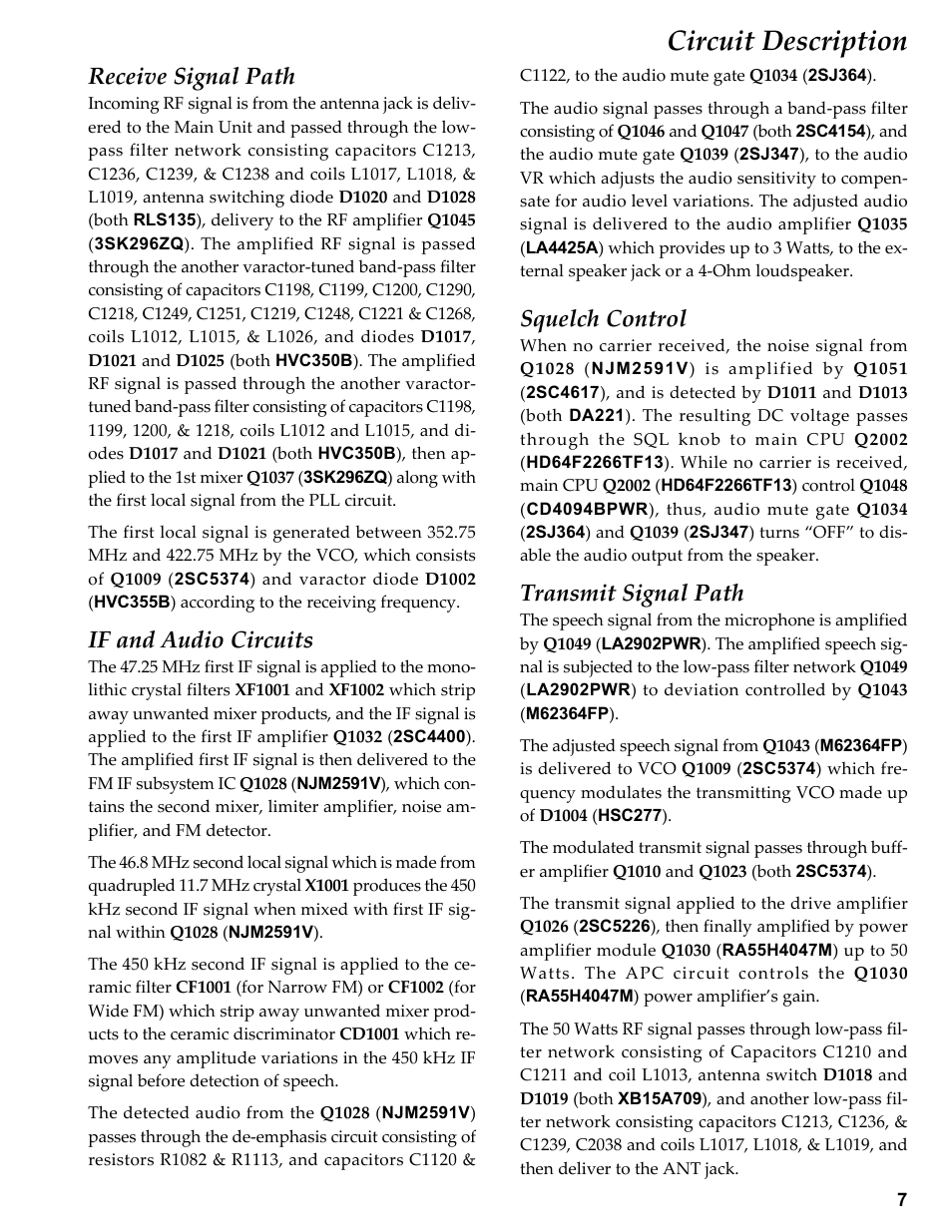 Circuit description, Receive signal path, If and audio circuits | Squelch control, Transmit signal path | Vertex Standard FT-1807M User Manual | Page 7 / 34