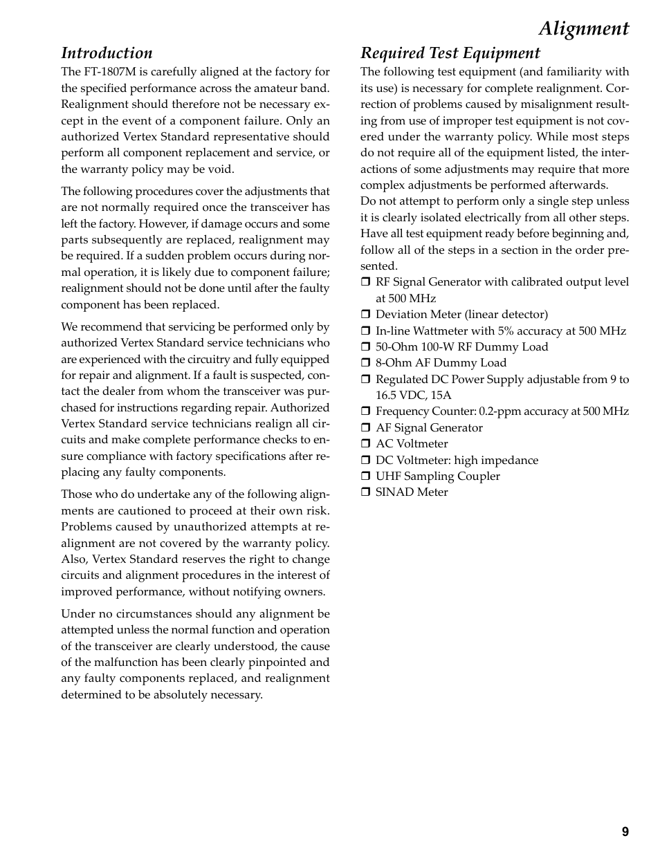 Alignment, Introduction, Required test equipment | Vertex Standard FT-1807M User Manual | Page 9 / 34