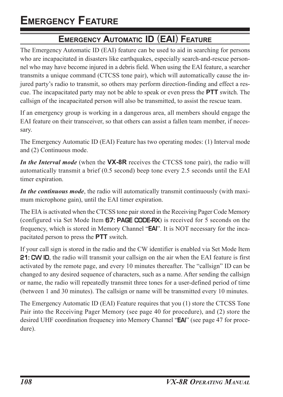Id ( eai ) f, Mergency, Eature | Vertex Standard VX-8R User Manual | Page 110 / 172