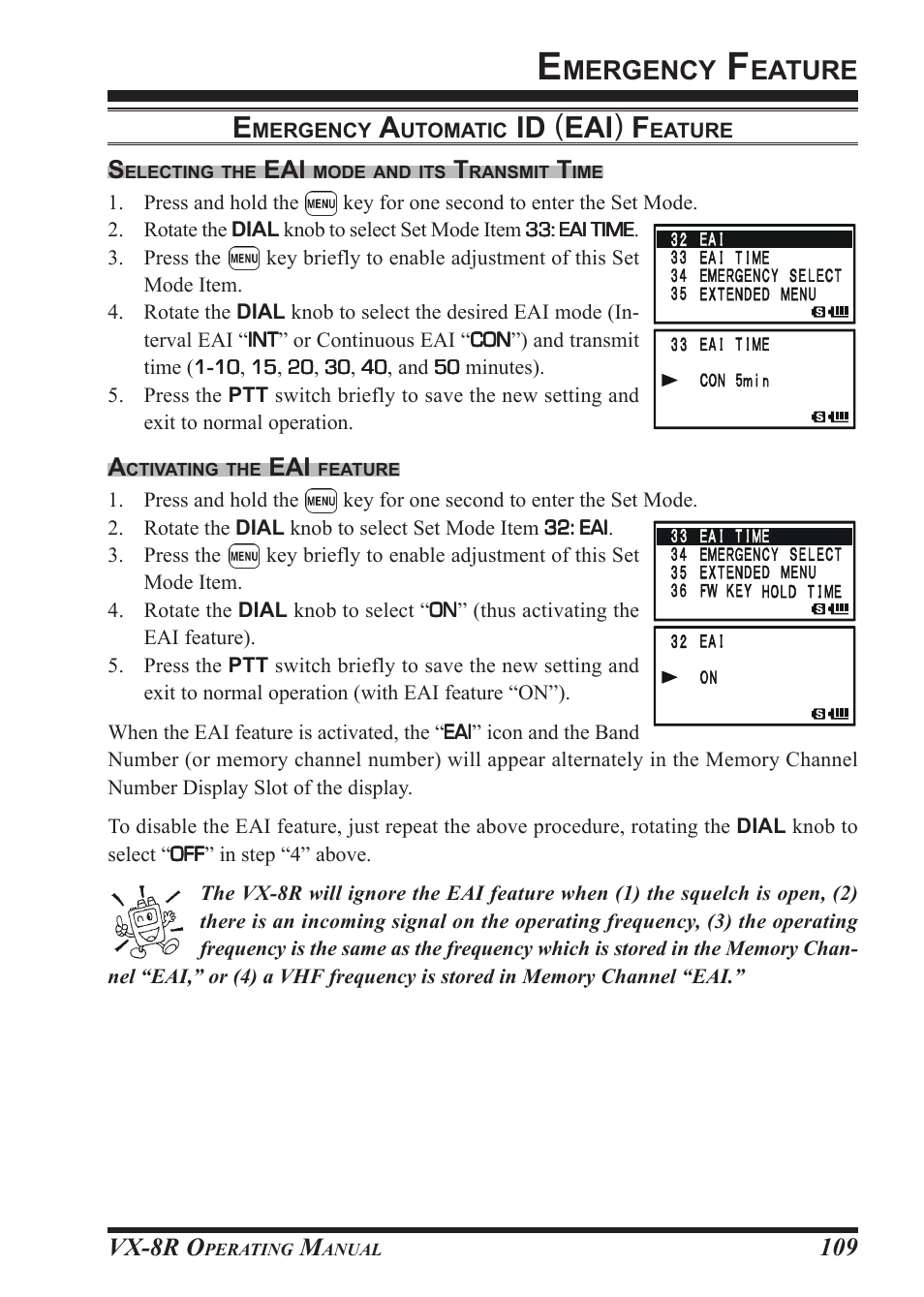 Id ( eai ) f, Mergency, Eature | Vx-8r o, 109 s | Vertex Standard VX-8R User Manual | Page 111 / 172