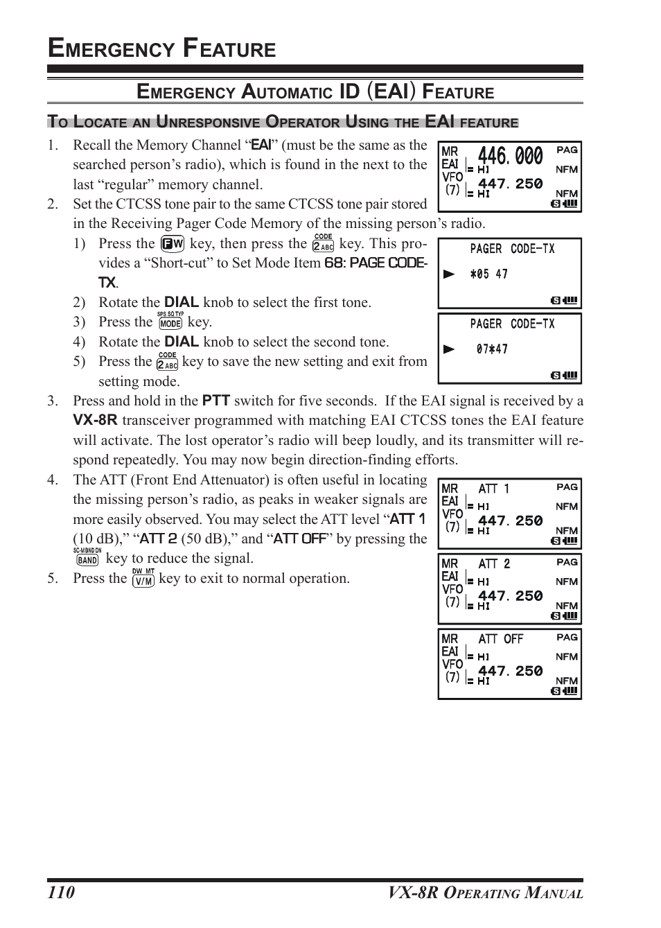 Id ( eai ) f, Mergency, Eature | Vx-8r o, 110 t | Vertex Standard VX-8R User Manual | Page 112 / 172