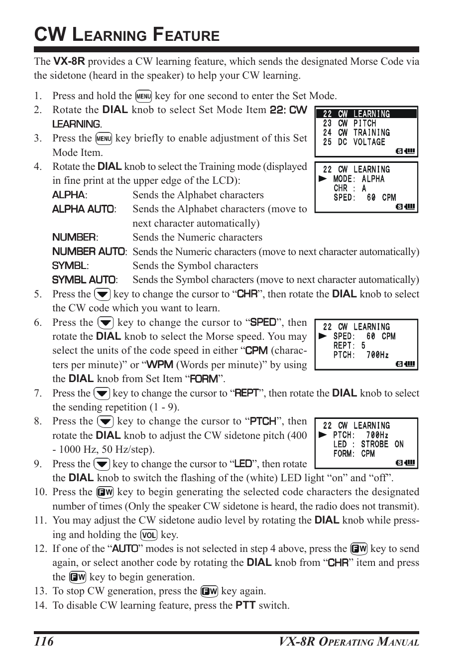 Cw l, Earning, Eature | Vx-8r o | Vertex Standard VX-8R User Manual | Page 118 / 172