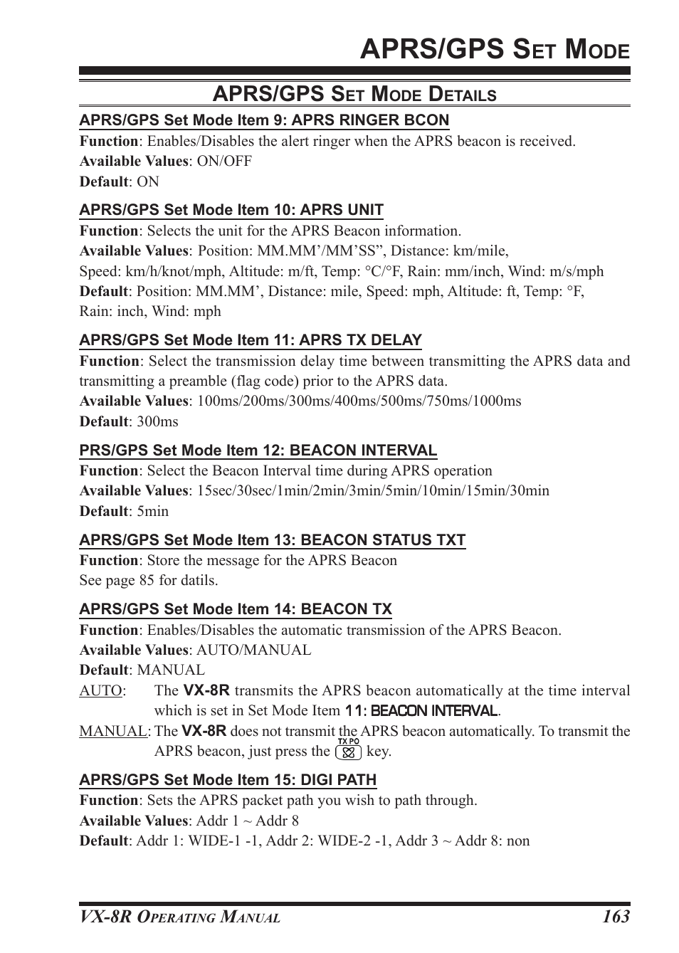 Aprs/gps s | Vertex Standard VX-8R User Manual | Page 165 / 172