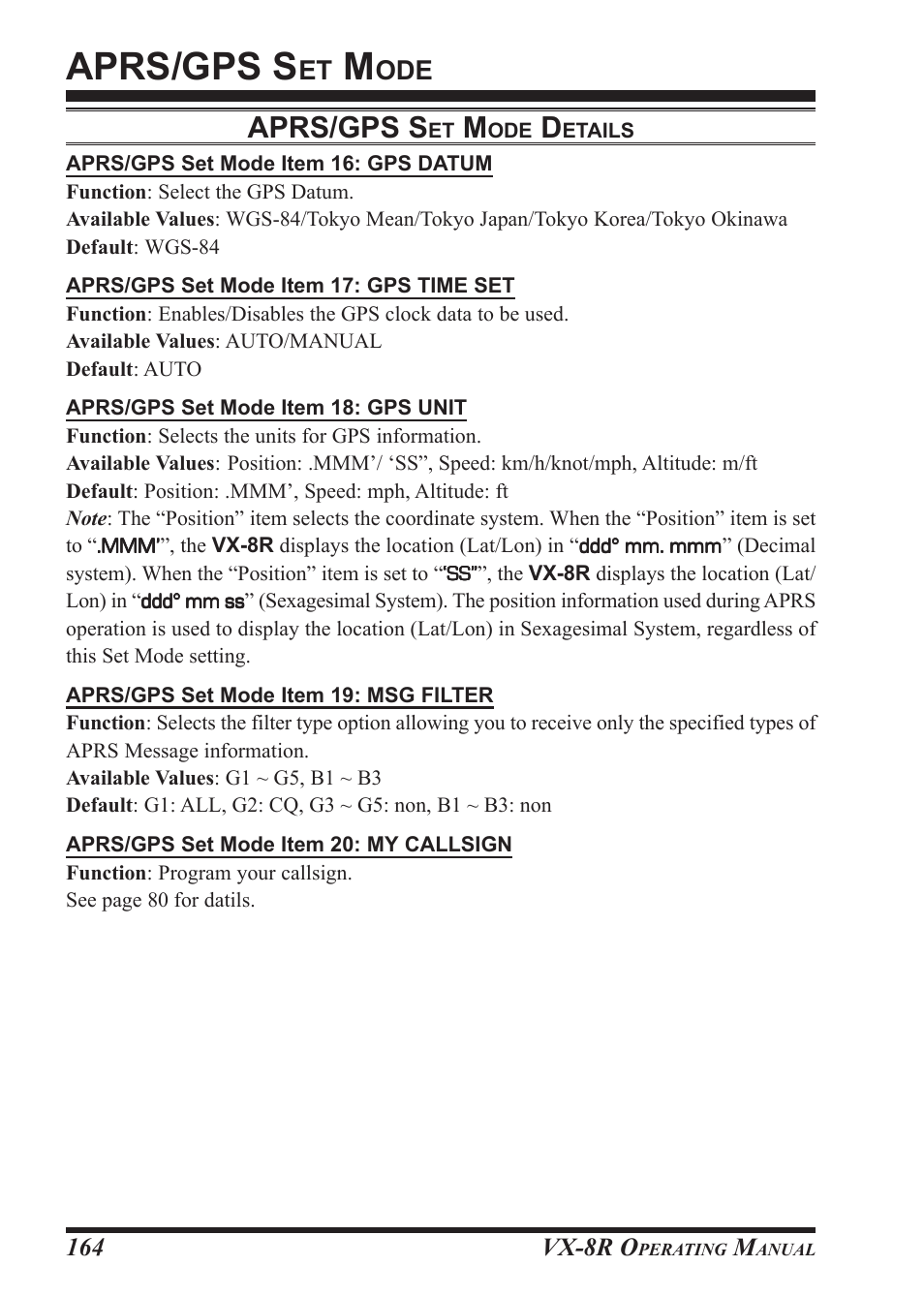 Aprs/gps s | Vertex Standard VX-8R User Manual | Page 166 / 172