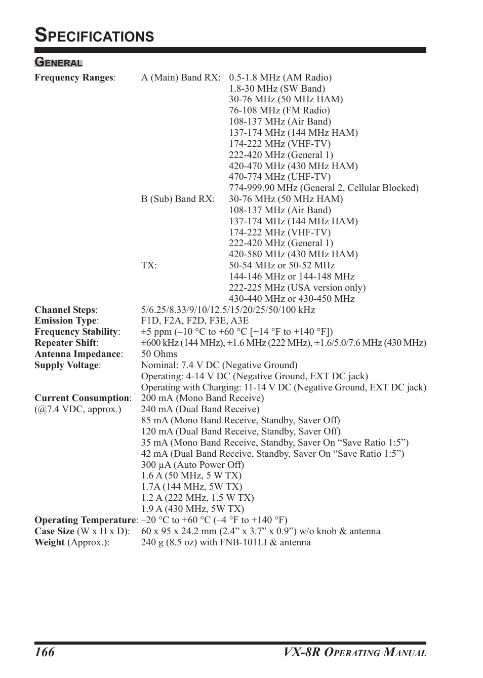 Pecifications, Vx-8r o, 166 g | Vertex Standard VX-8R User Manual | Page 168 / 172